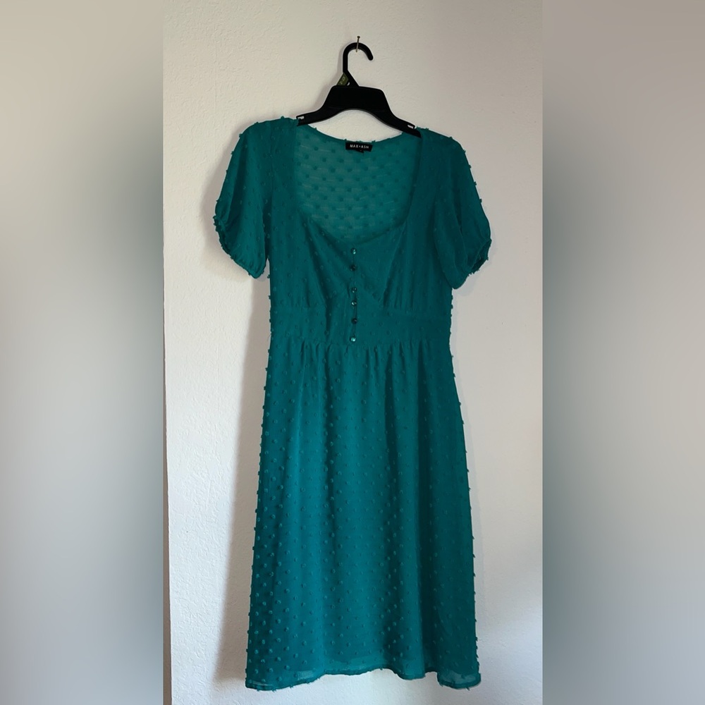 Max + Ash women green teal short sleeve rockabilly swing dress with dotted swiss